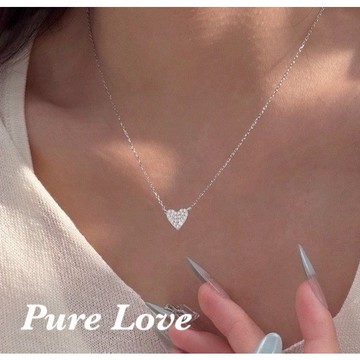 Pure Love樂芙 / 正韓 銀飾【S925純銀】N01140簡約通體純銀滿鑽愛心鎖骨鏈 短項鏈 / 銀