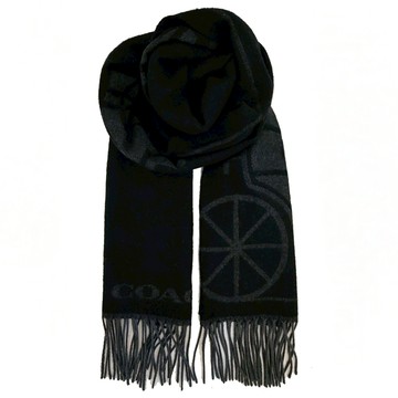 【COACH】滿版大馬車LOGO雙面羊毛流蘇圍巾(黑)