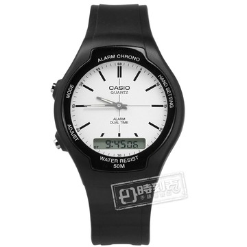 CASIO 卡西歐 / AW-90H-7E / 復古簡約 數位指針雙顯 兩地時間 計時碼錶 鬧鈴 橡膠手錶 白x黑 38mm