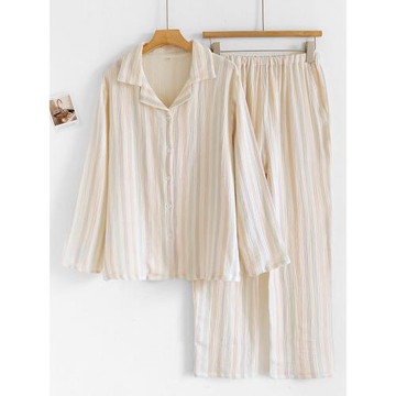 彩虹格子睡衣女純棉紗春秋季長袖翻領薄款條紋ins風家居服套裝夏