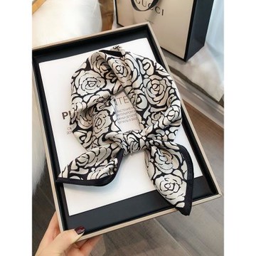 黑白色真絲絲巾小方巾高級感100%桑蠶絲中方巾秋冬百搭時尚小領巾