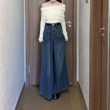 設計感高腰復古藍色闊腿牛仔褲女大碼胖mm春秋寬松直筒毛邊褲裙冬