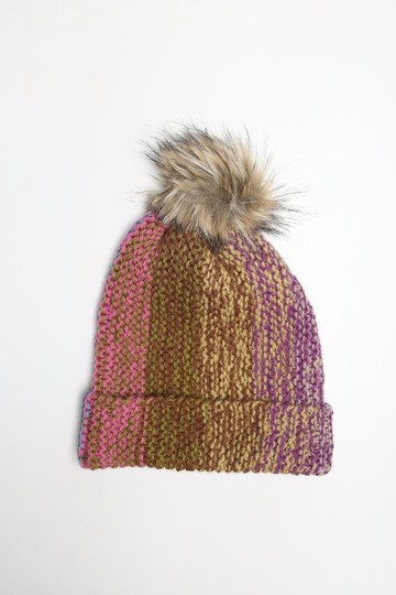 /潮流精品/紫粉直條紋雜線毛帽細軟純美麗諾羊毛帽/手工編織藝術