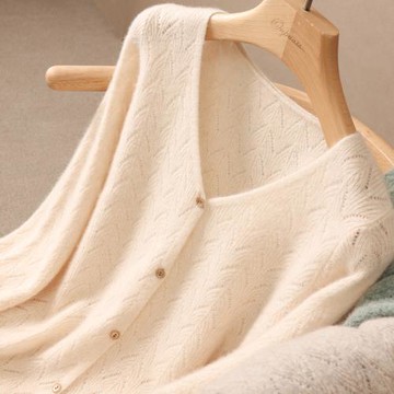 秋季V領新款鏤空針織外搭羊絨衫女外套長袖純色毛衣開衫純羊毛衫