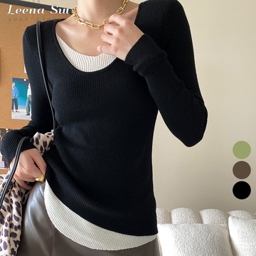 長袖針織上衣仿羊絨 假兩件拼接V領長袖針織衫套頭上衣打底衫023382