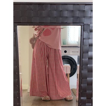 花豬商店紅白格大擺高腰麻棉感喇叭闊腿褲夏微胖松緊腰褲子長褲