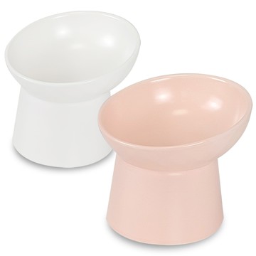 Monagio 斜口圓形陶瓷寵物碗 2件組  白色 + 杏色  1套