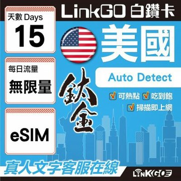 LinkGO白鑽卡 美國 eSIM卡 15天鈦金款吃到飽不降速 高速流(美國網卡 舊金山 洛杉磯 紐約 西雅圖)