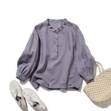 適合各種場合，成為百變造型主角的亞麻長袖襯衫 濃藤紫色 250921-2