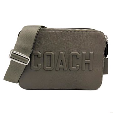 【COACH】專櫃款字母LOGO男款雙層斜背郵差包(灰)