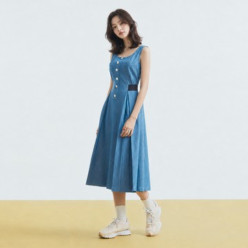 OUWEY歐薇 復古女伶仿牛仔U型背心洋裝(藍色；S-L)3233258707