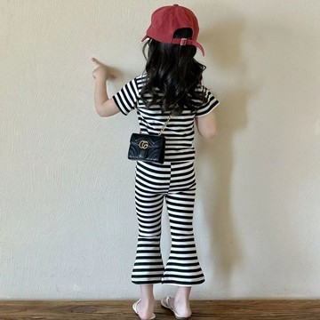 mori🎀mori女童短袖套裝休閒夏季韓版條紋上衣喇叭褲兩件套