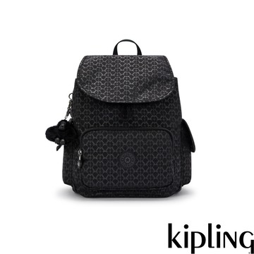 Kipling『猴子包』經典黑菱格紋印花拉鍊掀蓋後背包-CITY PACK S