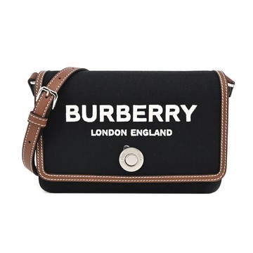 [平輸版]BURBERRY Horseferry 印花帆布及皮革翻蓋斜背包(黑色)真品平輸