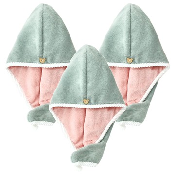 雙層速吸乾髮帽 綠色 3入 珊瑚絨  1組