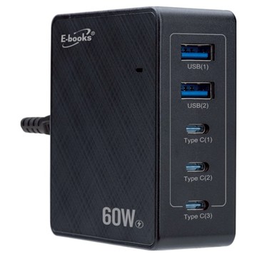 E-books B76 60W長線型五孔快速充電器 + 100W鋁合金C to C快充傳輸線組 台灣安規認證 PD+QC3.0雙輸出 智慧插槽  1組