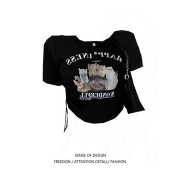 大碼胖妹妹小貓印花圓領短袖T恤女夏季性感露肚臍短款甜辣妹上衣