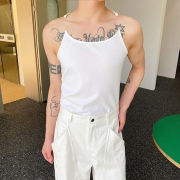 夏季高級感無袖馬甲男小眾隱形肩帶設計感極簡風緊身彈力坎肩網紅