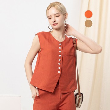 【MEDUSA】涼感排釦V領亞麻無袖背心 - 2色(M-XL) | 涼感西裝背心