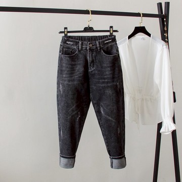 大碼牛仔褲女秋裝胖妹妹寬松破洞九分褲微胖高腰顯瘦哈倫褲200斤1入