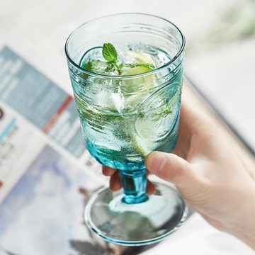 意大利進口歐式高腳水杯家用寬口果汁冷飲杯酒杯復古浮雕玻璃杯子