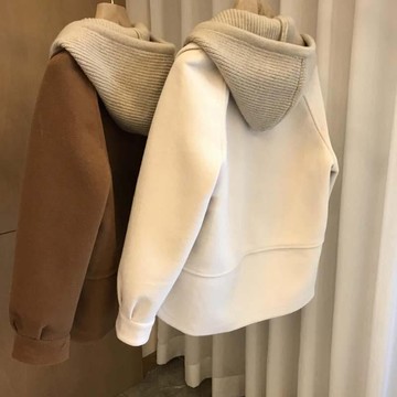 特大碼女裝針織連帽假兩件外套上衣胖秋冬季毛呢開衫
