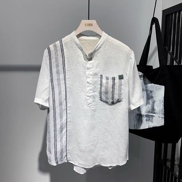 個性拼接亞麻短袖襯衫男日系時尚潮流百搭立領套頭寬松休閑襯衣夏