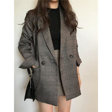 韓國chic復古英倫風格子小西裝外套女格紋時尚寬松休閑西服上衣