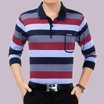 中老年長袖T恤男|大碼95公斤男上衣|春秋長袖針織衫|翻領條紋打底衫|寬鬆口袋T袖|休閒條紋爸爸裝秋衣|韓版長袖衫