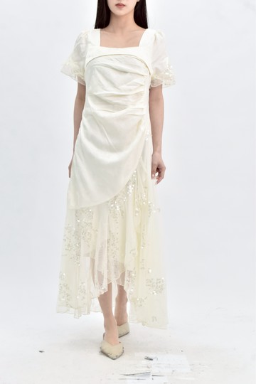 (L) tuxiansheng 禮服拼接短袖白色洋裝