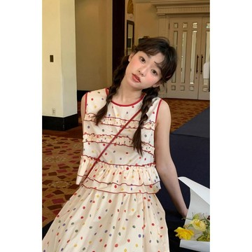 🎇夏季爆款🎇 夏季新款木耳邊彩色波點無袖印花上衣半裙碎花兩件套甜美可愛套裝