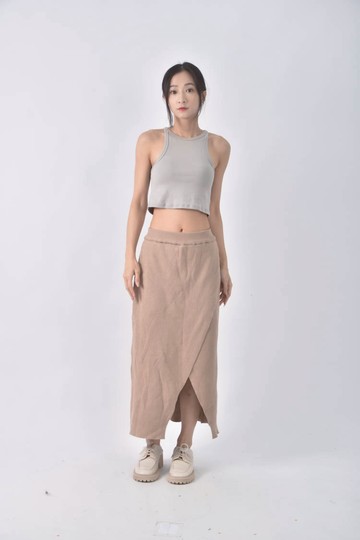 (L) 前開衩棕色長裙