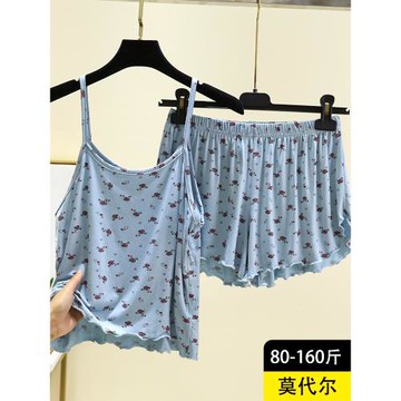 莫代爾小花吊帶套裝女夏季新款無袖背心睡衣休閑大碼家居服兩件套