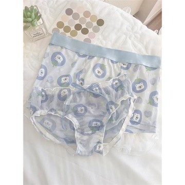 夏日清新藍色小熊情侶內褲可愛牛奶絲網紗性感檔純棉純欲一男一女