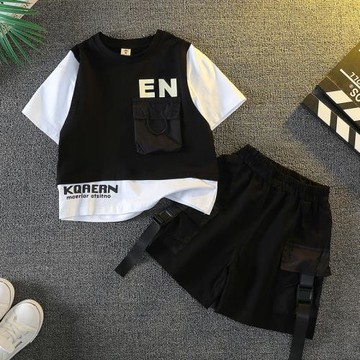 童裝男童夏裝套裝2025新款男孩假兩件衣服帥氣兒童短袖工裝童裝潮