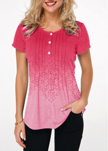 Crinkle Chest Round Neck Gradient T Shirt