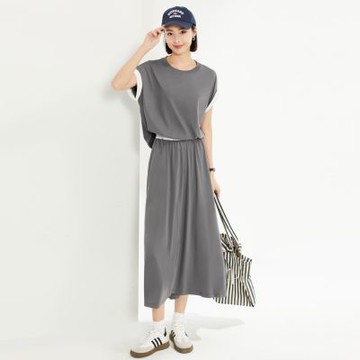 GIORDANO 網路獨家款 女裝假兩件圓領連衣裙 - 05 城堡灰