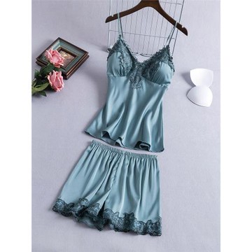 冰絲吊帶睡衣女夏兩件套裝帶胸墊薄款性感蕾絲短褲絲綢韓版家居服