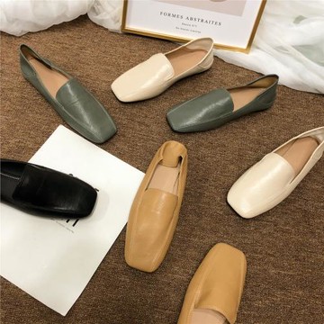 舒適軟皮平底單鞋女2025春秋新款一腳蹬小皮鞋百搭踩穿方頭豆豆鞋
