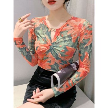 印花網紗打底衫女長袖秋冬歐貨新款性感V領T恤氣質顯瘦內搭上衣潮