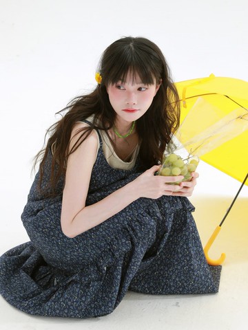 藍色 甜美氣質碎花吊帶洋裝 日系復古風碎花裙 疊搭細肩帶連身裙