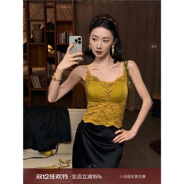 鷺青一原創【秘境】法式蕾絲吊帶背心女春季復古光澤緞面內搭上衣