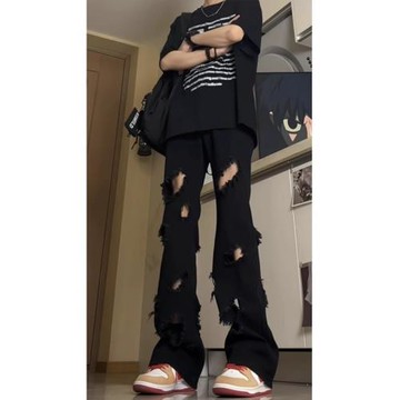 黑色高街破洞牛仔褲男夏季薄款修身顯高長褲美式直筒乞丐微喇褲子