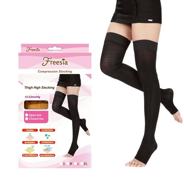 【Freesia】彈性壓力襪-露趾大腿襪(200D/15-22mmHg漸進式壓力)循環襪/彈性襪/美腿襪/運動機能襪