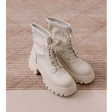 【初秋新品】HS 軟皮綁帶後拉鍊軍靴 白色