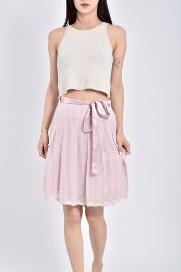(L) poone質感百褶蕾絲邊粉色綁帶短裙