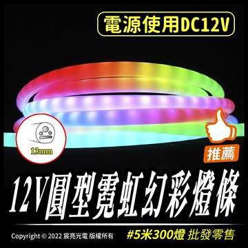 12V圓型霓虹幻彩燈條 圓13mm DC12V 幻彩霓虹 5米 圓形霓虹 300燈 台灣出貨