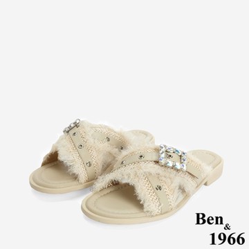 Ben&1966夏日度假風草編交叉亮鑽平底拖鞋-米白(246642)