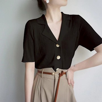 【Paiya派亞】冰絲針織短袖開衫薄款女式 翻領小香風T恤女正肩體恤上衣夏季45-65KG可穿