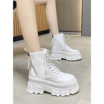 松糕厚底馬丁靴女2023年秋季新款真皮白色顯瘦加絨增高小個子短靴